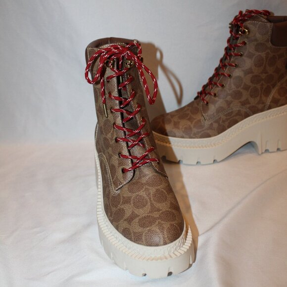 NIB WOMEN'S COACH AINSELY CANVAS COATED LOGO SIGNATURE PLATFORM BOOTIES TAN - Picture 6 of 7